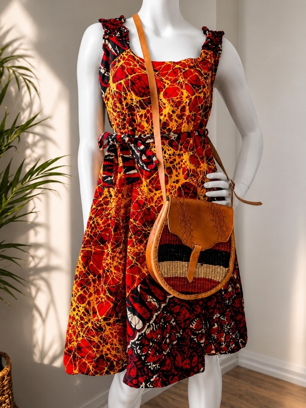Handwoven Tan & Natural Round Crossbody Bag